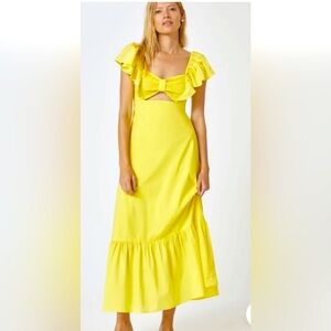 FARM Rio Yellow Ruffle Midi Dress with Bow